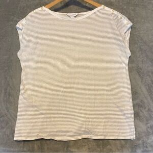 Liz Claiborne White Cap Sleeve Tee with Metallic Gold Stripes & Button Accents